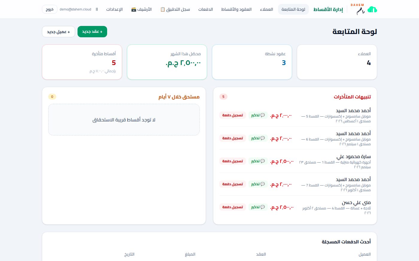 لوحة متابعة نظام الأقساط